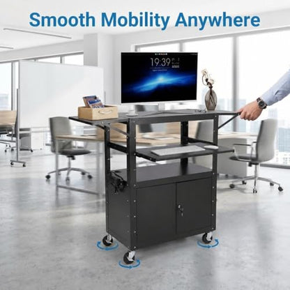 Adjustable Height AV Media Cart, 24-42 Inch Mobile Stand with Locking Storage, Extended Tray Organizer, Cable Management Wheels, for Home Office School - size: With extension frame