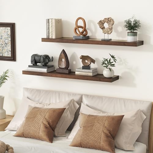 fuqing Rustic Floating Shelves for Wall, 36 Inch Floating Shelves Set of 2, Solid Dark Wood Wall Shelves for Living Room Bedroom Bathroom - color: Walnut, size: 36 Inch