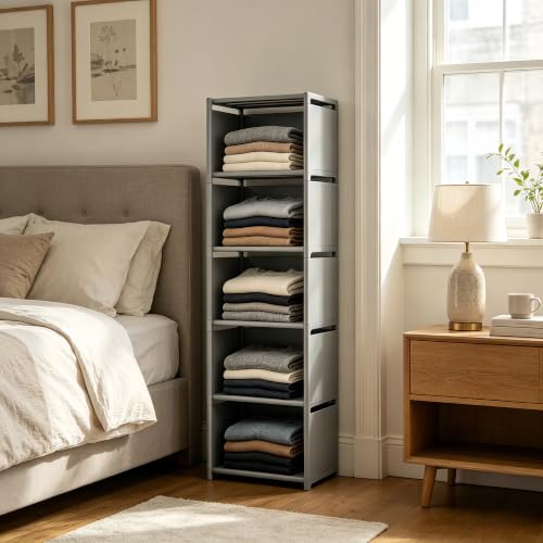 RIIPOO Book Shelf, 5-Cube Storage Organizer, Metal & Fabric Bookcase for Small Spaces, Bedroom, Living Room - style: 5-Cube