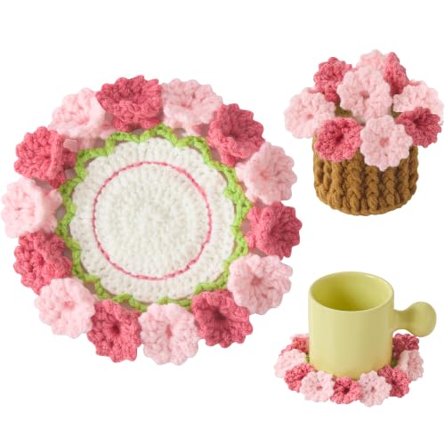 Flower Crochet Coasters, Handmade Bouquet Blanket Coaster with Crochet Plant Pot Fun Soft Decorative Drink Coasters for Coffee Tabletop Protection and Home Decor (Blush Pink, 1Pc) - color: Blush Pink, size: 1Pc