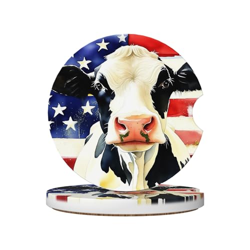 Watercolor Cow American Flag Car Cup Holder Coasters 2 Pack Universal 2.63 Inch Anti Slip Ceramic Absorbent Coaster with Cork Base and Finger Notch Cute Car Accessories Interior for Women - color: Beige