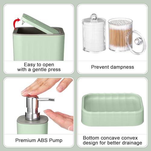 Hosuly 9 Pcs Bathroom Accessory Set Shower Curtain and 12 Hooks Table Trash Can Soap Dispenser Soap Dish Non Slip Bathroom Rugs Cup and Cotton Swab Holder Complete for Bathroom Decor (Sage Green) - size: Sage Green