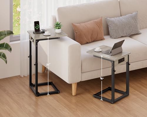 Vagusicc C Shaped End Table with Charging Station, Adjustable Height Side Table for Couch, C Table End Table Couch Table that Slide Under, Sofa Table TV Tray Arm Tables for Living Room, Bedroom, Gray - color: Greige, style: Charging Station