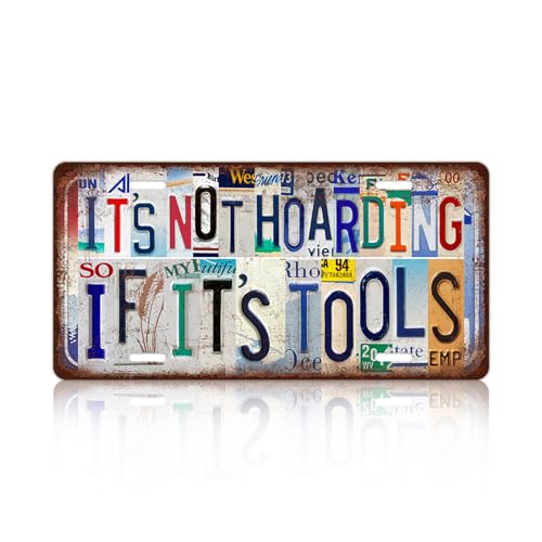 Vintage License Plate Wall Decor Metal Tin Sign for Bar Home Bedroom | It's Not Hoarding If It's Tools - color: A-05