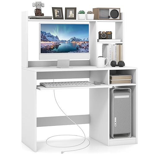 COSTWAY White Modern Large Computer Desk with Storage Shelf, Office Desk with Hutch, CPU Stand & Keyboard Tray, Home PC Desk with Bookshelf, for Bedroom, Study, Living Room