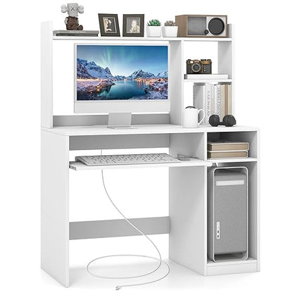COSTWAY White Modern Large Computer Desk with Storage Shelf, Office Desk with Hutch, CPU Stand & Keyboard Tray, Home PC Desk with Bookshelf, for Bedroom, Study, Living Room