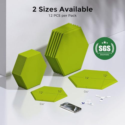 Self-Adhesive Acoustic Panels [390 lbs/yd³ Ultra-High Density], 2nd Generation Sound Absorbing Panel, Professional Level Sound Panel, Polyester Soundproof Foam [Medium Hexagon, Fruit Green] - color: Fruit Green, size: Medium Hexagon (12''x10''x0.4'')