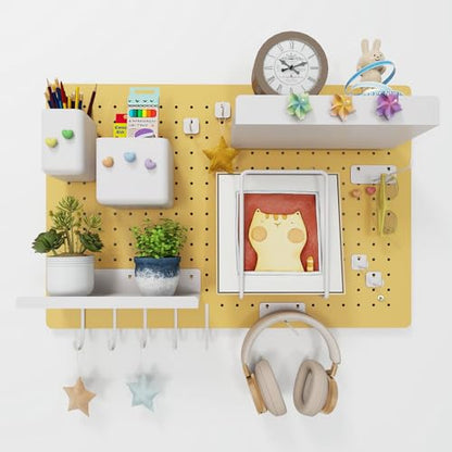 Metal Pegboard Kit — Carbon Steel Pegboards with 26 Accessories, Pegboard Wall Organizer for Home, Office, Study Room, Kitchen, Craft Room & Gaming Setup — 24″ × 16″ Yellow Peg Board - color: Yellow