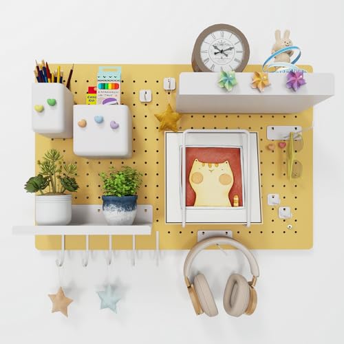 Metal Pegboard Kit — Carbon Steel Pegboards with 26 Accessories, Pegboard Wall Organizer for Home, Office, Study Room, Kitchen, Craft Room & Gaming Setup — 24″ × 16″ Yellow Peg Board - color: Yellow