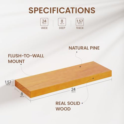Heimlove Pine Wood Floating Shelves, 8 Inch Deep Real Wood Shelves Set of 2, Wall Mounted Rustic Wood 24x8 Floating Shelf with Invisible Brackets for Bedroom Kitchen Living Room - Honey Oak - color: Honey Oak, size: 24”Wx8”Dx1.6”H