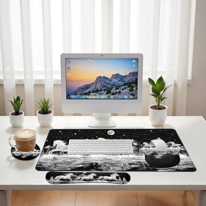 Wild Horses Desk Mat Set Black White Moon Mountain Mouse Pad with Wrist Rest 4in1 Desk Mat for Desktop Ergonomic Computer Desk Arm Wrist Anti-Slip Computer Ergonomic Mouse Pad Home Office Gaming - color: Wild Horses