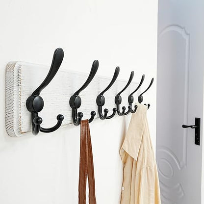 Dseap Coat Rack Wall Mounted - 24" Long 6 Tri Hooks, Heavy Duty Wooden Wall Coat Hanger Coat Hook for Clothes Hat Jacket Clothing, White and Black - color: White & Black, size: L=24"