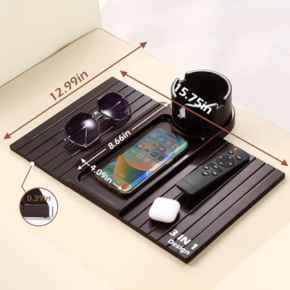 Couch Cup Holder Tray, 15.75" Bamboo Cup Holder for Couch, 3 in 1 Foldable Arm Chair Clip on Side Tray Table for Remote Snack Table on Armrest - color: Black Walnut