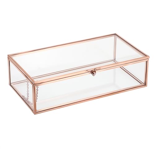 Hipiwe Glass Keepsakes Display Box Jewelry Organizer Box with Lid Decorative Glass Box Clear Rectangle Storage Box for Trinket Perfume Collection Gift for Birthday Anniversaries,Rose Gold Large - color: Rose Gold, size: Large