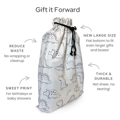 Gather & Knot Gift Bags | Reusable Fabric Drawstring Bags | Extra Large 22” | Premium Canvas Wrap for Birthdays, Baby Showers & Gifting | Dinosaur Flat Bottom - color: Dinosaur Flat