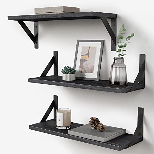Forbena Black Floating Shelves Bathroom Set of 3, Wooden Wall Book Shelves, Rustic Shelf for Storage, Bathroom Organizer, Living Room, Kitchen, Office (Black) - color: Black, size: 17 x 6 Inch