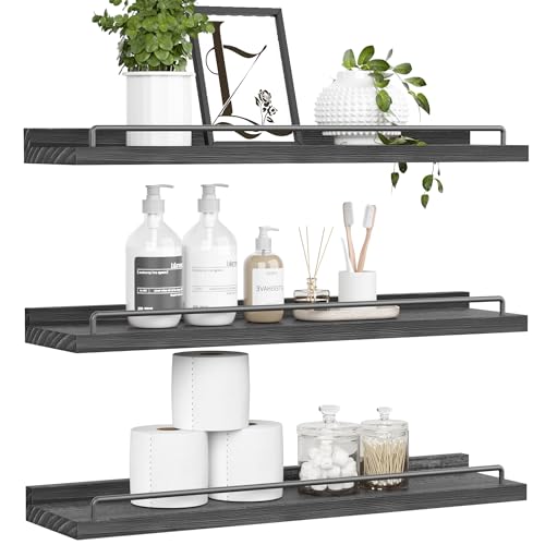 RYOFOBETTO 22 inches Long Floating Shelves, Bathroom Decor Shelves Over Toilet, Farmhouse Wall Shelves for Living Room, Bedroom, Picture Frames, Plants, Kitchen, Set of 3 (Black) - color: Black, size: 22"