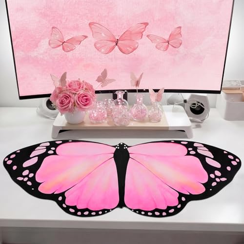 Tellegloww Large Pink Butterfly Gaming Mouse Pad Desk Mat Decorative Butterfly Keyboard Desk Mat with Non-Slip Base Table Accessories for Office Home Study 35.43 x 15.75 Inches - color: Pink, style: Butterfly