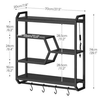 HOOBRO Gaming Floating Shelf with LED Lights, 27.5" LED Wall Mounted Shelf with Hanging Rod & 4 S-Hooks, 4-Tier Hanging Display Rack, for Living Room, Gaming Room, Black BB71DBJ01