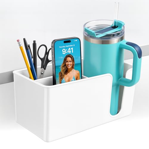 OOKUU 3-in-1 Desk Organizer - Large Desk Cup Holder Clamp, Pencil Holder and Phone Stand - Detachable Anti-Spill Table Cup Holder, Office & PC Gaming Desk Accessories for Cup, Phone and Pen (White) - color: White, size: 3 in 1, Large, 7.87"×3.8"