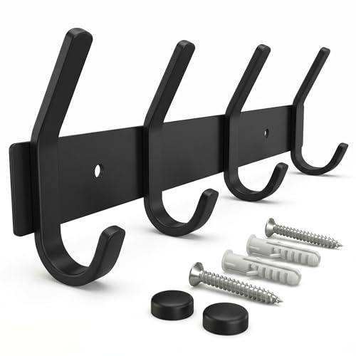 Coat Rack Wall Mount – 12 Inch Stainless Steel Hook Rail with 4 Double Coat Hooks for Hanging – Wall Mounted Entryway Organizer for Coats, Hats, Bags, Towels, Robes, Closet or Bathroom - Black - color: Black, size: 4 Hooks - 1 Pack