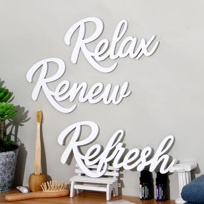 3 Pieces Bathroom Decor White Wooden Bath Room Sign Bathroom Wall Art Farmhouse Relax Renew Refresh Sign (White-large) - color: White-large