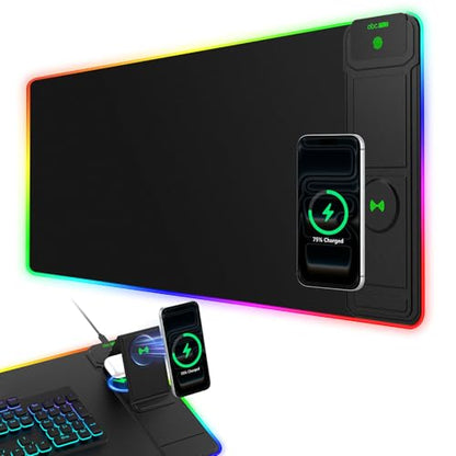 XXL RGB LED Gaming Mouse Pad with Magnetic Wireless Charging & Foldable Phone Holder, 31.5"x11.8" Extended Ultra-Smooth Desk Pad, 25 Lighting Effects, Non-Slip Base - color: RGB-31.5"x11.8"-Magnetic Stand-Right