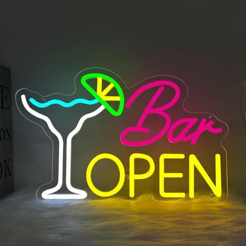 Bar Open Neon Sign, Home Bar Beer-Themed LED Light-Up Sign, Cocktail Glass Neon Open Sign, Dimmable Neon Bar Signs for Wall Decor, USB Powered Neon Lights for Pub, Man Cave, Home Bar, Party - color: Bar Open