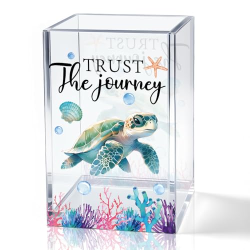 Trust The Journey Acrylic Pencil Holder Cup, Inspirational Gifts for Friends Coworker, Funny Sea Turtle Pen Holder for Women Girls Turtle Lover, Pencil Cup for Desk, Marker Makeup Organizer - color: blue