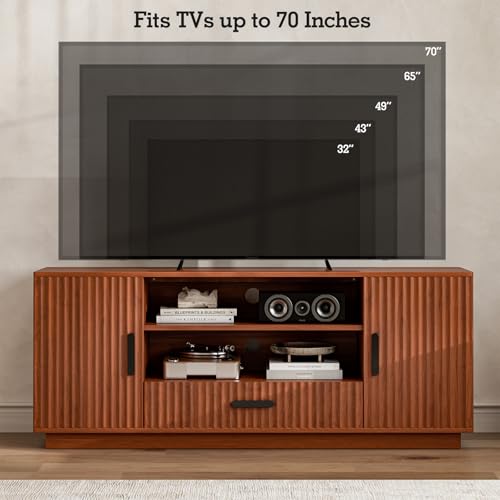 LCRBOL TV Stand for up to 70" TV, Mid-Century Entertainment Center, Walnut | 63"W x 15.4"D x 25"H, 2 fluted cabinets, 1 drawer & open shelves, top holds 200 lbs, cable management, ~90 min assembly - color: Brown