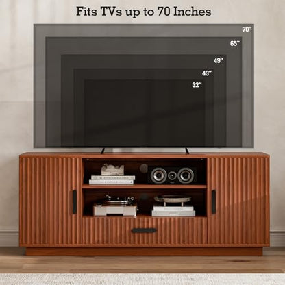 LCRBOL TV Stand for up to 70" TV, Mid-Century Entertainment Center, Walnut | 63"W x 15.4"D x 25"H, 2 fluted cabinets, 1 drawer & open shelves, top holds 200 lbs, cable management, ~90 min assembly - color: Brown