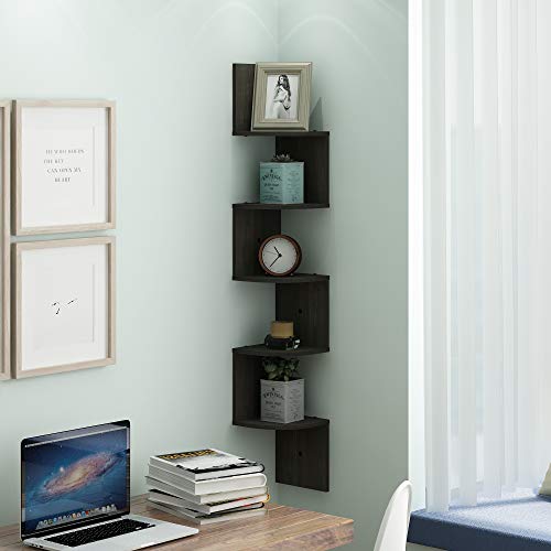 Furinno ROSSI Floating Book Shelves for Wall, 5-Tier Zigzag Corner Shelf Wall Mounted, Radial Corner Floating Shelf, for Living Room, Bedroom, Bathroom, Home Office, Espresso - color: Espresso
