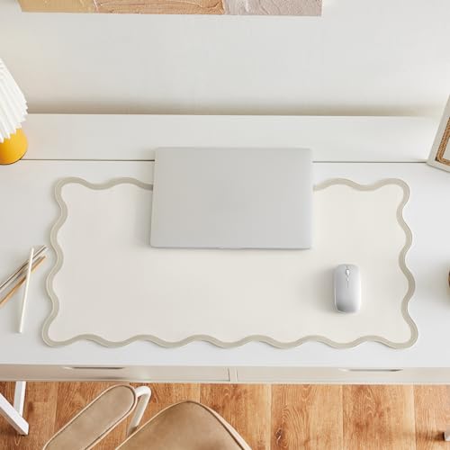 Beige Scalloped Desk Mat, 31.5" x 15.7", PU Leather, Waterproof Anti-Slip, Cute Aesthetic Desk Pad for Office/Home/Game - color: Beige