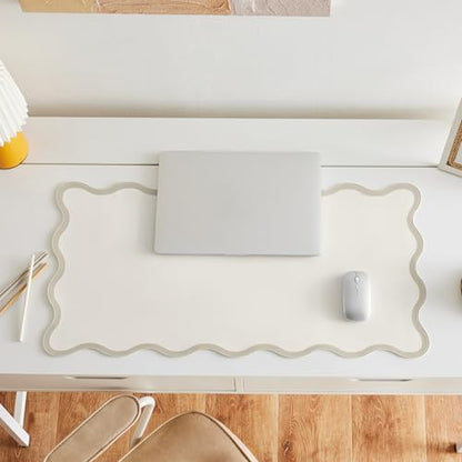 Beige Scalloped Desk Mat, 31.5" x 15.7", PU Leather, Waterproof Anti-Slip, Cute Aesthetic Desk Pad for Office/Home/Game - color: Beige