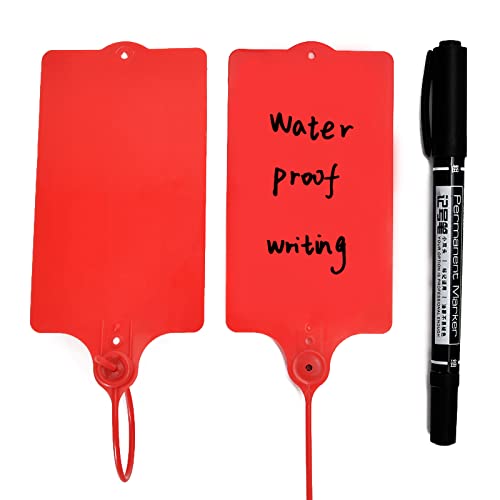100 Plastic Shipping Tags - Waterproof, Writable, Hanging Tags with One Red Marker Pen - color: Red