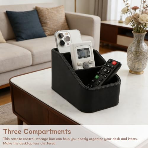 PU Leather Remote Control Holder, Small TV Remote Holder with 3 Compartments, Bedside Table Desktop Organizer for DVD, Media Player, Heater Controllers, Cosmetics, Office Supplies(COLOR:Black)