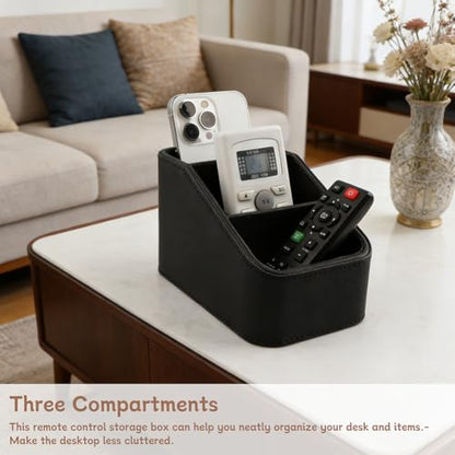 PU Leather Remote Control Holder, Small TV Remote Holder with 3 Compartments, Bedside Table Desktop Organizer for DVD, Media Player, Heater Controllers, Cosmetics, Office Supplies(COLOR:Black)