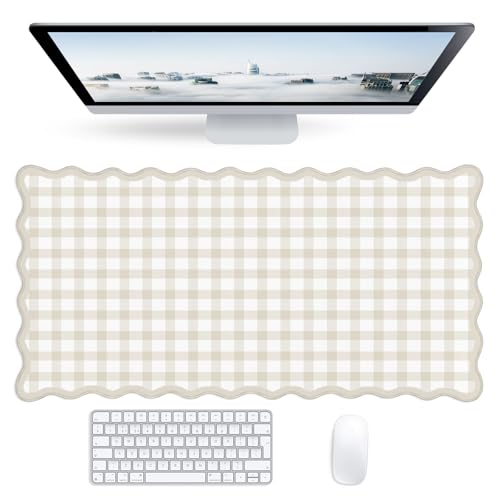 Checkered Beige Scalloped Mouse Pad,Cute Kawaii Gingham Large Desk Mat Non-Slip Rubber Base,Aesthetic Decor Gaming Computer Desk Pad for Office Laptop Mouse Keyboard Pad, 31.5" x 15.7", XL - color: Checkered Beige