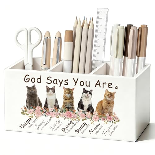 Christian Inspirational Cat Pen Pencil Holder for Desk, Christian Gifts for Women, Cat Lovers Gifts, God Says You Are Bible Verse Wooden Box Sign Decorations for Home Office Desk Tabletop - color: 01- Cute Cat Bible (white)