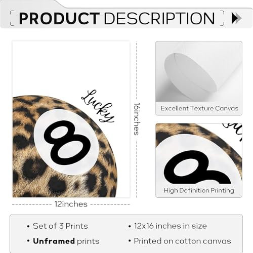 Set of 3 Preppy Cheetah Wall Art Trendy Pink Leopard Canvas Prints Star Lucky 8 Ball Posters Aesthetic Wall Decor Pictures for Girly Bedroom Apartment Dorm Unframed 12x16in