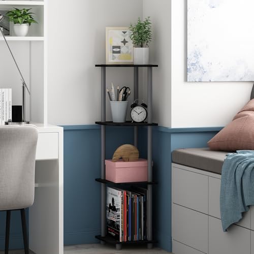 Furinno Turn-N-Tube Corner Shelf, 4-Tier Corner Bookshelf, Display Storage Shelves with Open Shelves, for Organization and Storage, Living Room, Home Office, Garage, Black - color: Black/Grey, size: 4-Tier