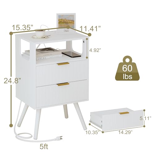 JOONEE White Nightstand with Charging Station and LED Lights,Modern Bedside Table with 2 Storage Drawer and Open Wood Shelf, for Bedroom and Small Spaces,Night Stand with Solid Wood Legs,White - color: White