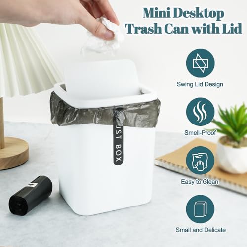 2Pcs Mini Trash Can with Lid, Plastic Mini Wastebasket with 5 Roll Trash Bags, Tiny Desktop Waste Garbage Bin for Kitchen Bathroom Office Home Desk Bedroom Vanity Tabletop(White+Grey)