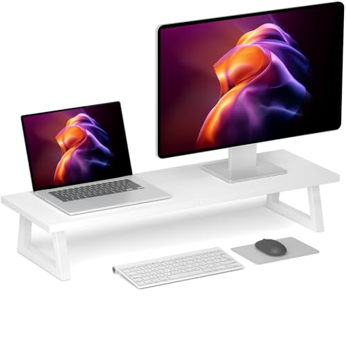 TEAMIX White Dual Monitor Riser - 31.5 inch Wide TV Stand for 2 Monitors - Wood & Steel Desktop Riser for Dual Screen Office Desk Organization - color: White