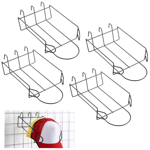 Yaocom 4 Pcs Gridwall Hat Display Rack, Metal Wire Retail Display Shelves Gridwall Organizer Accessories for Grid Panel Displaying Baseball Hats for Home Commercial, Black