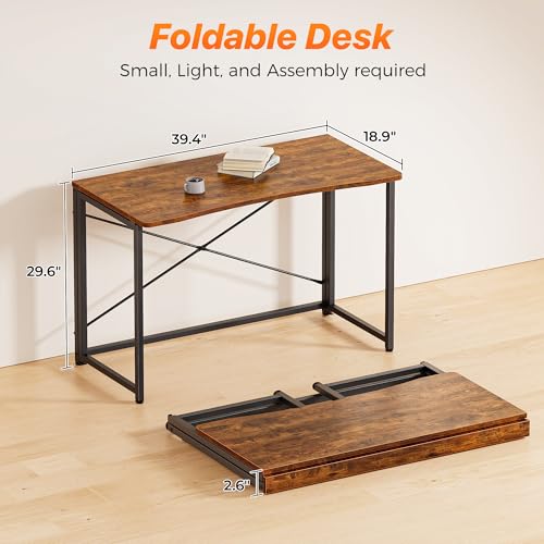 Huuger Folding Desk for Small Spaces, 39.3 Inch Foldable Computer Table, for Home Office, Study, Bedroom, Dorm, Space Saving, Small Writing Work Office Computer Desk, Easy to Fold, Rustic Brown - color: Rustic Brown, size: 18.9"D x 39.4"W