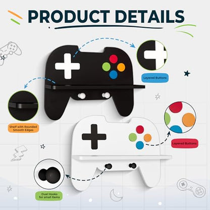 Gaming Room Decor Floating Shelves Set of 2, Controller Wall Shelf with Headphone Hooks, Gamer Wall Decor for Teen Boys Bedroom, Black & White