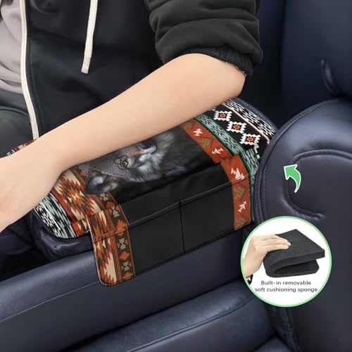 Wanyint Aztec Wolf Black Car Center Console Cover Scratch Resistant Armrest Seat Box Cover with Organizer Pockets Console Lid Protector Cushion Fit for Most Cars Vehicles SUVs - color: Aztec Wolf Black