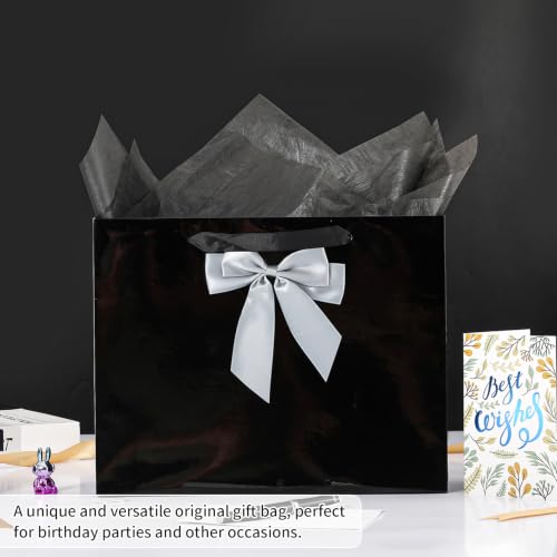 Powbrace Black Bags with Handles, 13" Medium Gift Bag Set - 2 Gift Bag with Bow, 4 Tissues & Greeting Card for Wedding Baby Shower Fathers Day Mothers Day Birthday Party - color: 2Pcs Black Glossy – General Purpose, size: 1 count (Pack of 1)