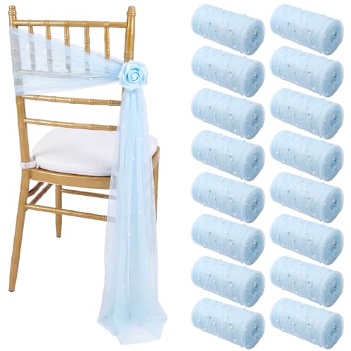 Moukeren 16 Packs Light Blue Pearls Chair Sashes 8ft Sheer Fabric Wedding Aisle Chair Decorations Fabric Sheer Church Seat Slipcovers Drapes with Ribbon Tape for Party Banquet Wedding Bridal Shower - color: Light Blue, style: Pearls